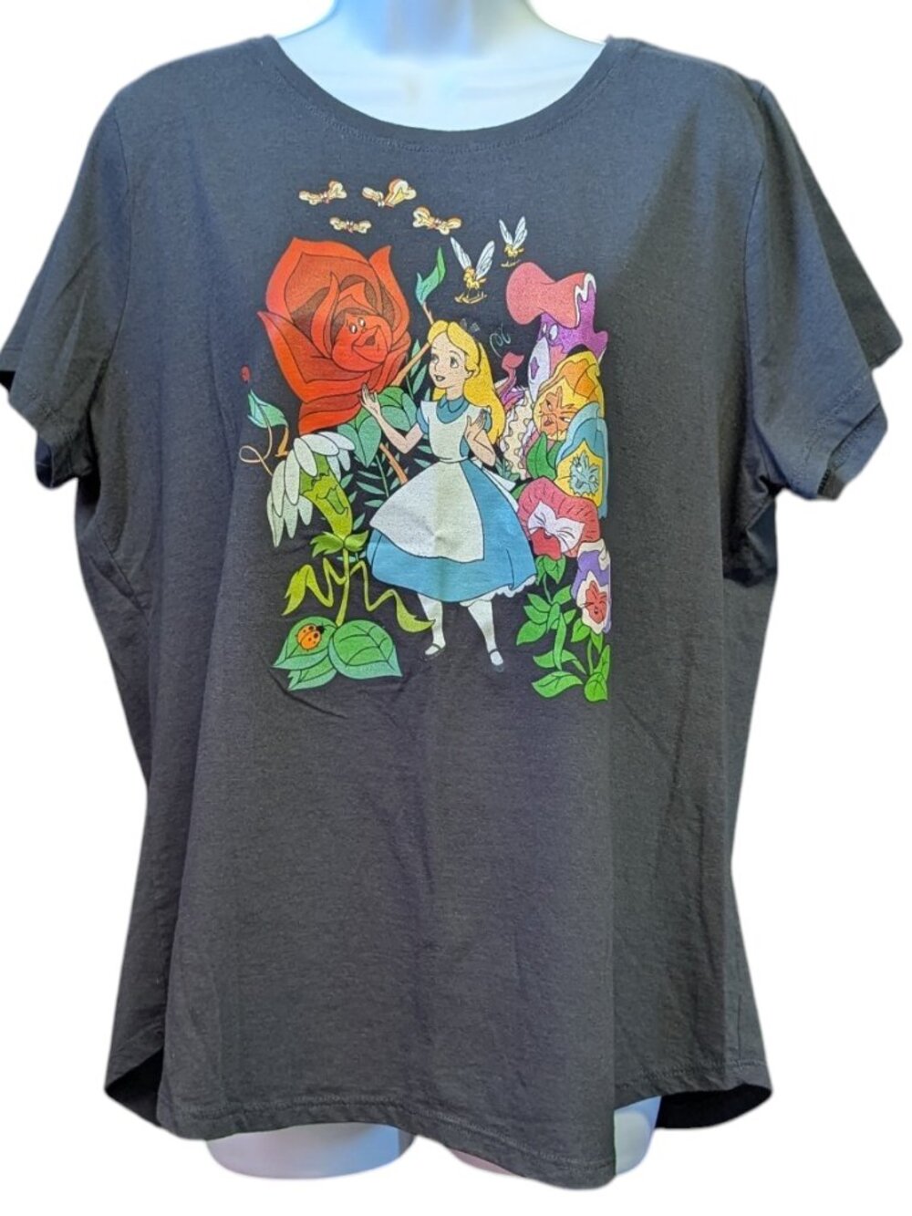 Disney Alice in Wonderland Flowers Garden Scene Black T-Shirt Women's XL